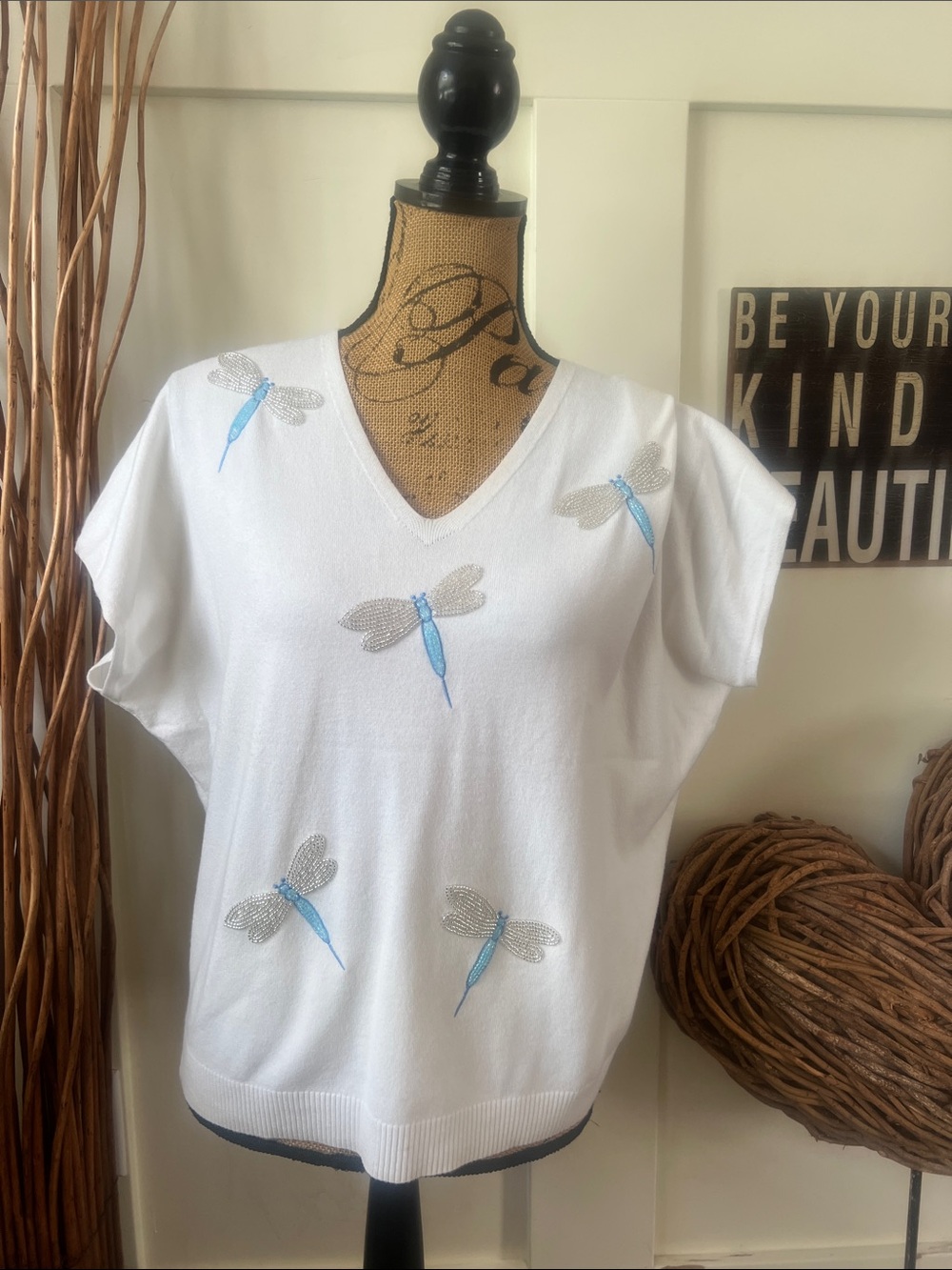 Embroidered Dragonfly V-Neck White Women's Top